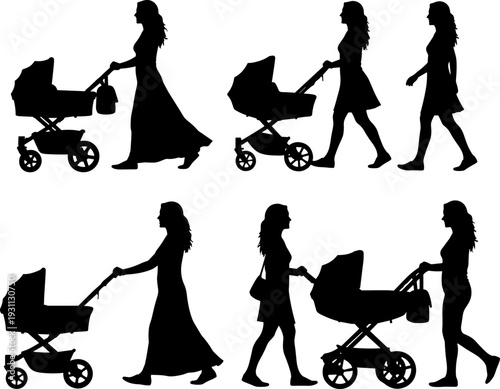 Mother pushing baby stroller silhouette set showing walking women in different poses, parenting lifestyle, childcare routine, family activity, black vector illustration isolated on white background