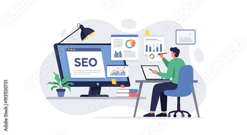 Man working on SEO strategy with charts and graphs on computer screen.