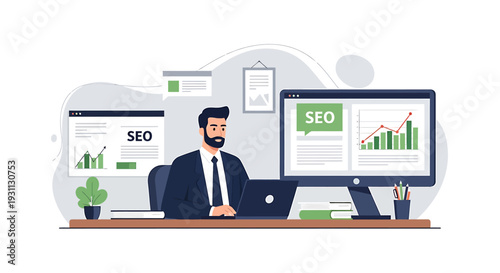 Man working on SEO strategy on computer at desk.