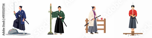Four traditional Japanese samurai and noblemen illustrations with katanas, representing warrior culture and historical figures.