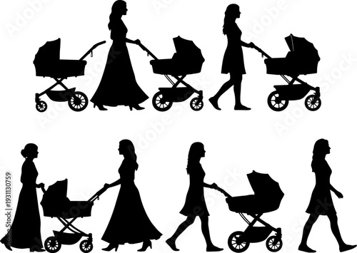 Mother walking with baby stroller silhouette collection vector illustration showing parenting, motherhood, childcare routine and family lifestyle activities isolated on white background