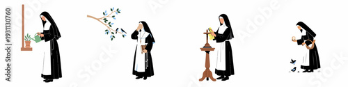 Nuns illustrating a tranquil religious life through devotion, nature care, and spiritual duties, showcasing faith, service, and peaceful existence.