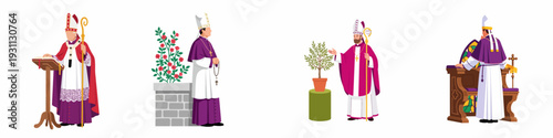 Illustrations of Catholic Bishops and Clergy in various ceremonial poses, representing faith, leadership, and religious traditions.