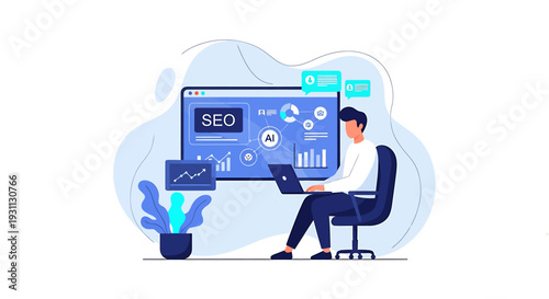 Man working on SEO strategy with digital analytics dashboard.