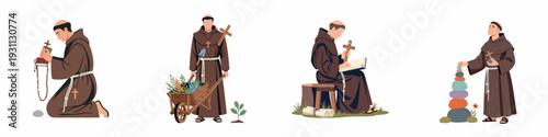 Illustrations of Monks Engaged in Spiritual and Earthly Pursuits: Prayer, Gardening, Study, and Contemplation, Depicting Monastic Life Activities