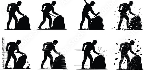 Motivational perseverance concept vector illustration, man breaking stone with hammer, success through hard work, determination, persistence, and effort in achieving goals, silhouette design