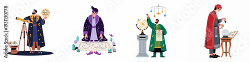 Set of illustrations depicting ancient astronomers and astrologers researching celestial bodies, constellations, and the universe with traditional instruments.