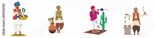 Traditional Indian Folk Performers: Snake Charmers and Musicians Illustrating Cultural Heritage