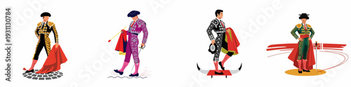 Vibrant vector illustration set of Spanish bullfighters (matadors) in traditional ornate 'traje de luces' costumes, ready for the arena.