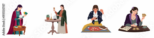 Women Practicing Divination: Fortune Tellers with Crystal Balls, Tarot Cards, and Runes, Exploring Mystical Paths and Spiritual Guidance
