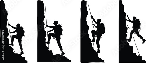 Motivational rock climbing vector illustration, man climbing mountain cliff with rope, perseverance, courage, strength, adventure, and success achievement concept silhouette design