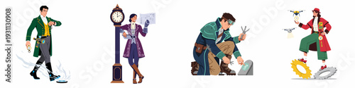Steampunk characters explore time and technology, featuring inventors, travelers, and their retro-futuristic gadgets.