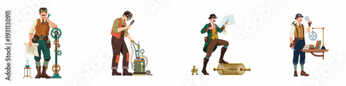 Steampunk inventors and engineers busy creating and researching advanced mechanisms, showcasing Victorian-era retrofuturistic innovation and scientific exploration.