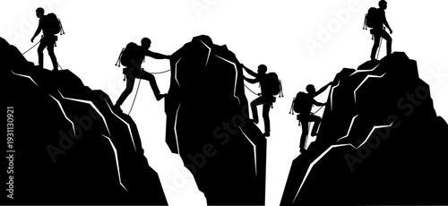 Mountain climbing teamwork silhouettes set, hikers ascending rocky peaks together, leadership and cooperation concept, black vector illustration for adventure, success, challenge themes