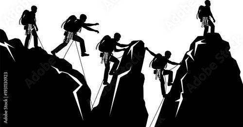 Mountain climbing adventure silhouettes set, hikers reaching summit with ropes, teamwork and success concept, black vector illustration for outdoor, leadership, challenge themes