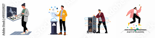 Modern professionals leveraging technology for data analysis, cloud computing, server management, and creative animation, illustrating digital innovation and workflow.