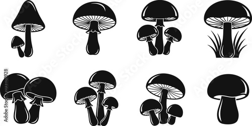 Mushroom silhouette vector icons set, botanical fungi illustration for forest, nature, wild plants, food design, and educational use