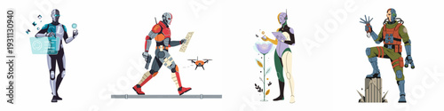 Four unique robots and cyborgs in diverse roles: AI interaction, futuristic delivery, nature integration, and rugged exploration scenarios.