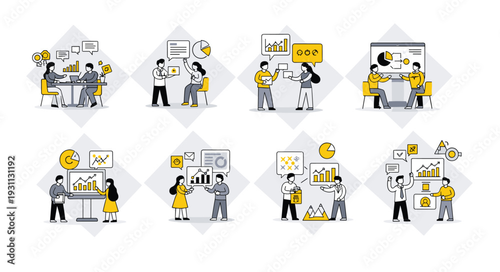 Fototapeta premium A set of vector illustrations depicting people working together in an office