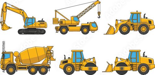 Set of yellow construction vehicles including excavator, crane, bulldozer, and cement mixer truck isolated on white background, vector illustrations for industrial building projects.