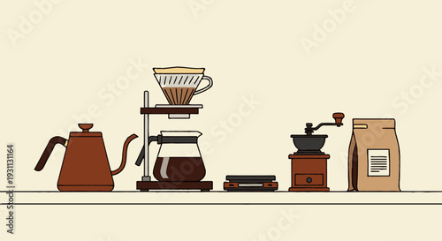 Coffee Maker Kettle Grinder and Coffee Beans.