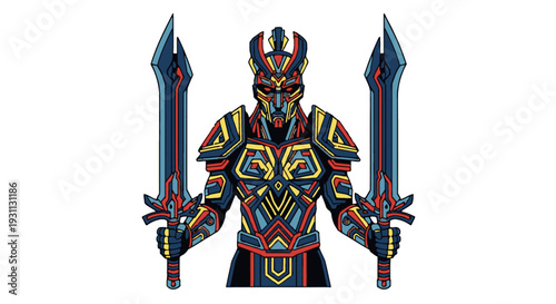 Colorful 3D Warrior Statue with Swords.
