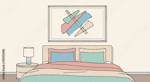 Colorful Abstract Painting Above the Bed.