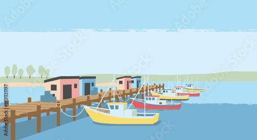 Colorful Boats Docked at Small Harbor.