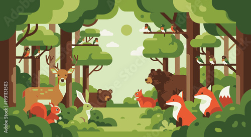 Deer Bear Fox Forest Animals Cartoon Scene.