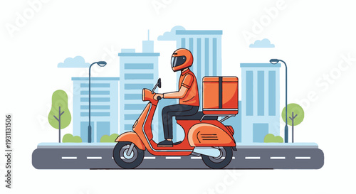 Delivery Man Riding Orange Scooter in City.