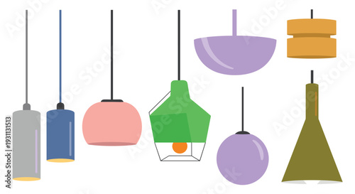 A collection of modern pendant lights in various shapes and colors