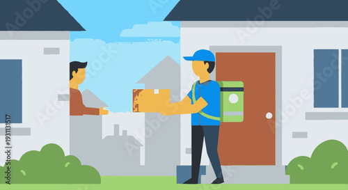 Delivery Man Handing Package to Customer.