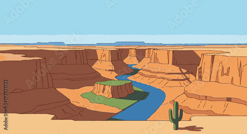 Desert Canyon Landscape with River Illustration.