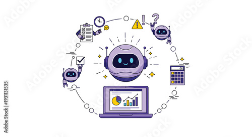 A purple robot surrounded by icons and a laptop in a circular design