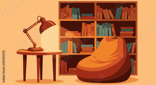 Desk Lamp and Bean Bag Chair Illustration.