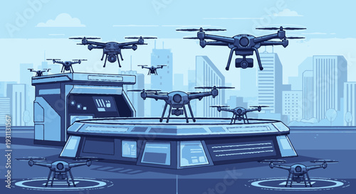 Drones Flying Over Modern Futuristic Ship.