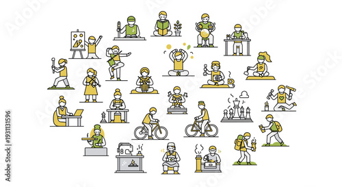 A vector graphic illustration of various robots engaging in different office and work activities