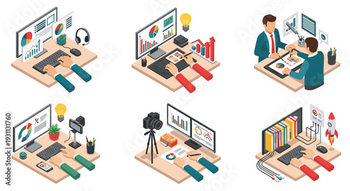 A vector graphic illustration of six different office desk settings with various equipment and tools