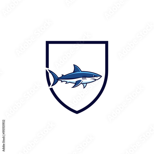 Stylized blue shark illustration inside a shield graphic