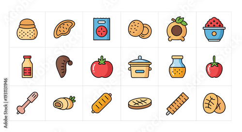 A colorful vector graphic illustration of various food items and kitchen utensils