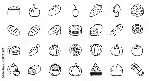 A set of minimalist line art icons depicting various types of food