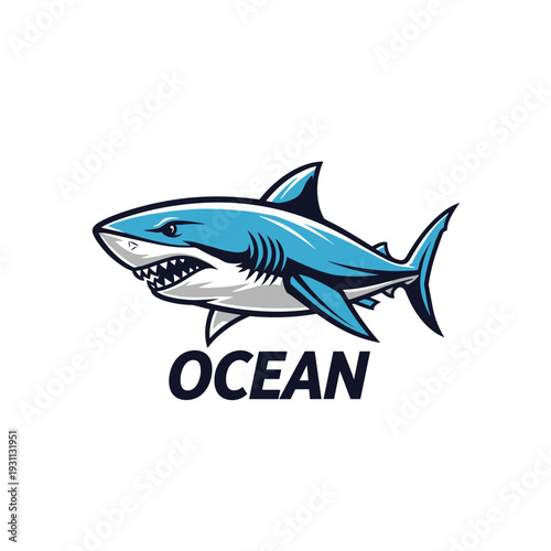 Stylized blue shark illustration with sharp teeth and the word Ocean below
