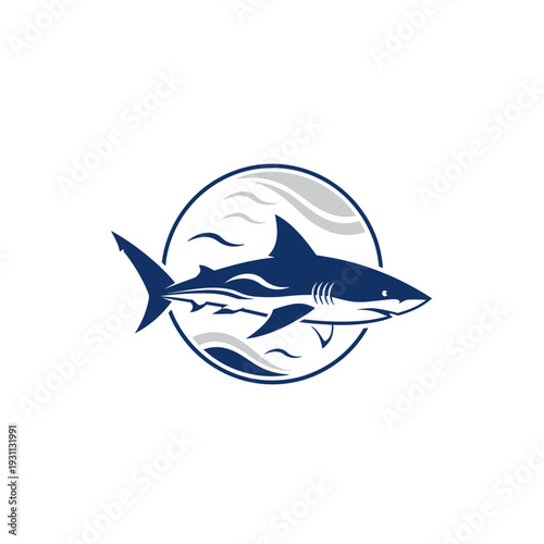 Stylized blue shark swimming in a circular ocean wave emblem