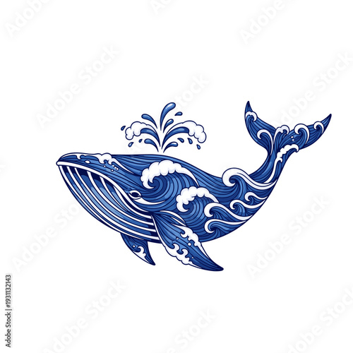 Stylized blue whale illustration with ocean waves and water spout