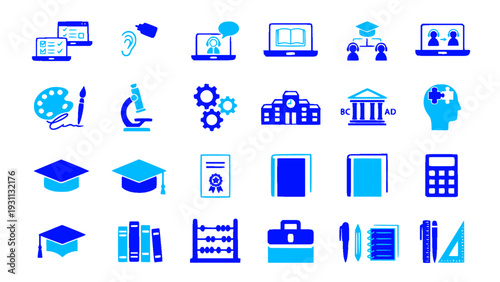 Education icons including books, graduation cap, microscope, and diploma. Flat blue vector EPS.