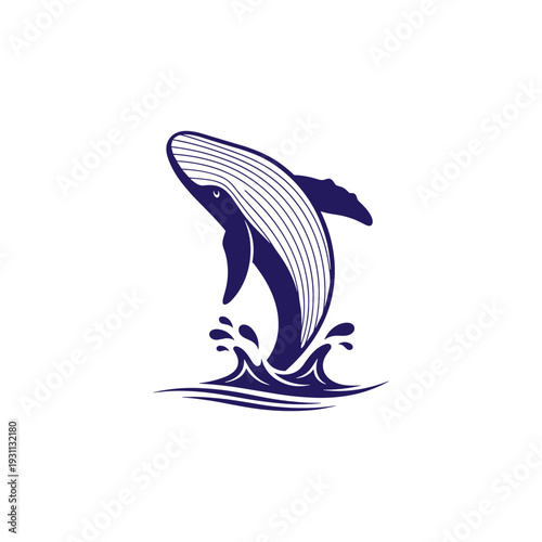 Stylized blue whale jumping out of water with ocean waves