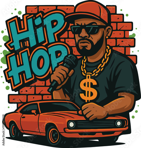 Hip-Hop Rapper with Microphone and Classic Muscle Car | Urban Street Culture Vector Art Illustration Perfect for T-Shirt Design.