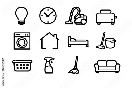Household icons including cleaning supplies appliances and furniture items for domestic chores and home maintenance