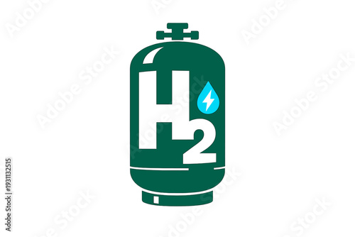 Green hydrogen energy storage tank with H2 symbol and renewable power icon isolated on white background
