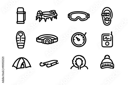 Winter camping and outdoor adventure equipment icons including thermos crampons goggles snowshoe sleeping bag headlamp compass and tent